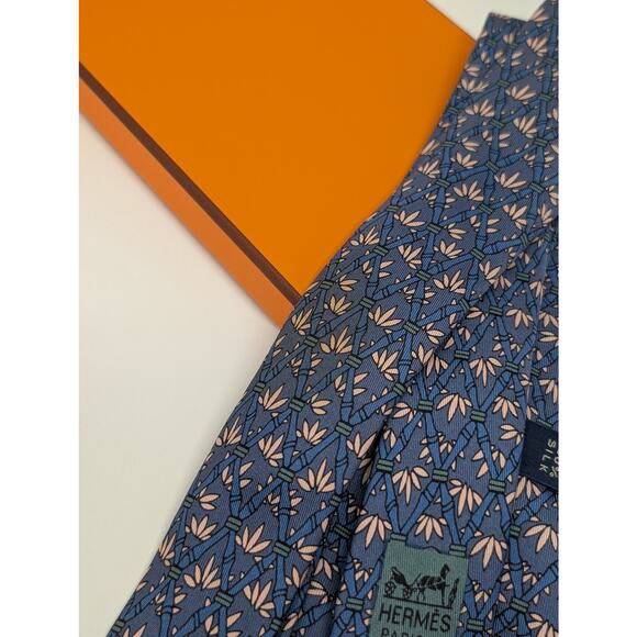 Hermes Paris 100% Silk Bamboo Trees Neck Tie Blue Business Classic - Picture 2 of 9